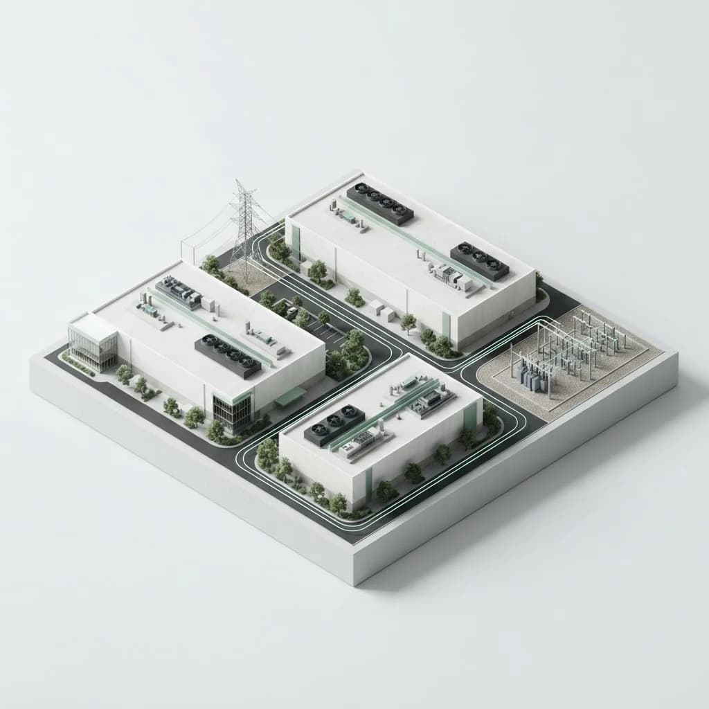 Architectural concept of a connected data center campus with cooling systems, a substation, and power infrastructure.